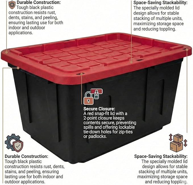 27 Gallon Storage Bin with Lid Heavy Duty Plastic Storage Tote Black and Red Stackable Storage Container for Indoor Outdoor Use Plastic Totes with Lids for Storage (2 Pack)