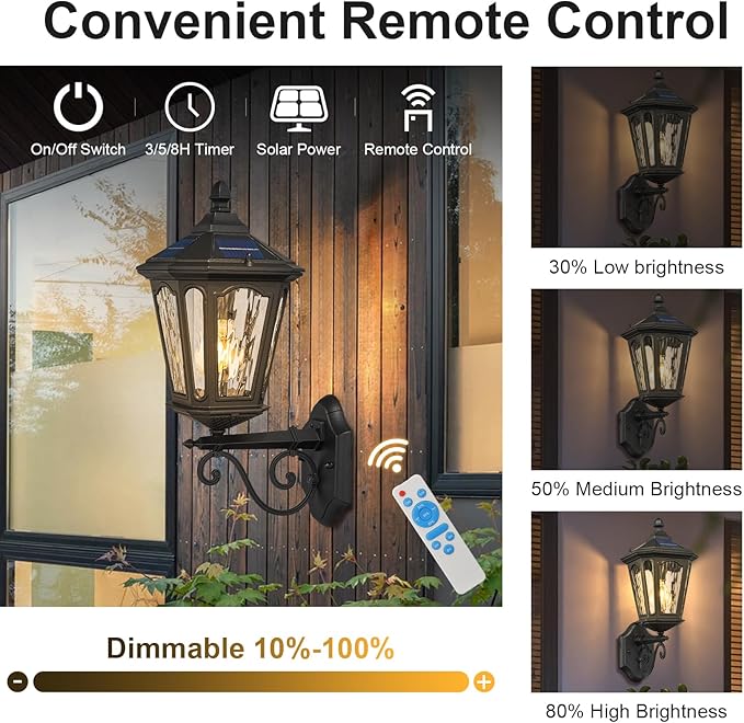 Solar LED Wall Light Outdoor with Remote Control 22'' Front Door Sconce Dusk to Dawn 3 Lighting Modes Solar Exterior Wall Lantern Outside Lights for Patio Doorway Porch Walkway Black