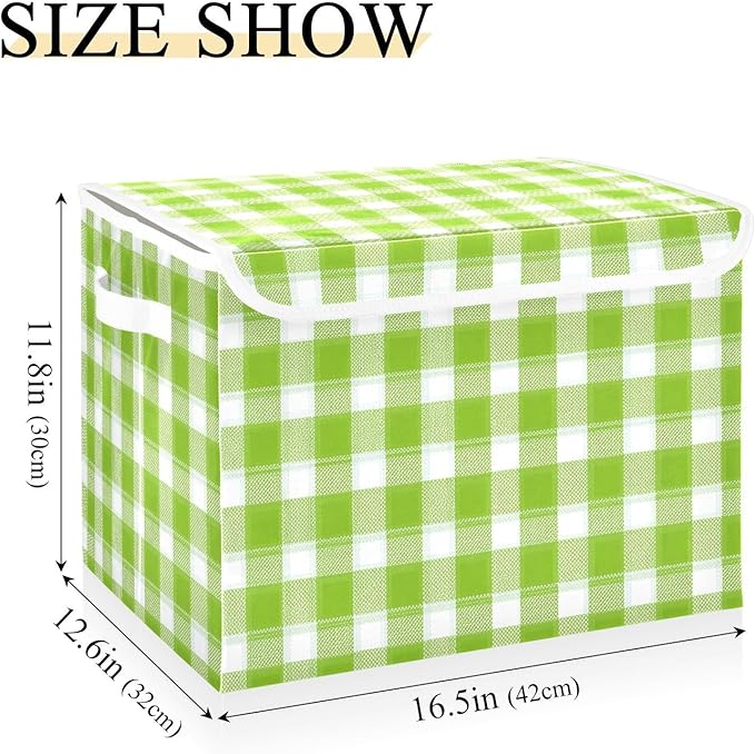 Spring Green Gingham Checker Storage Box with Lid 1 PC Foldable Storage Bin with Lids Stackable Storage Bins Cube Closet Organizer Basket with Flip-Top Lid &amp Handles for Shoes Books Towels