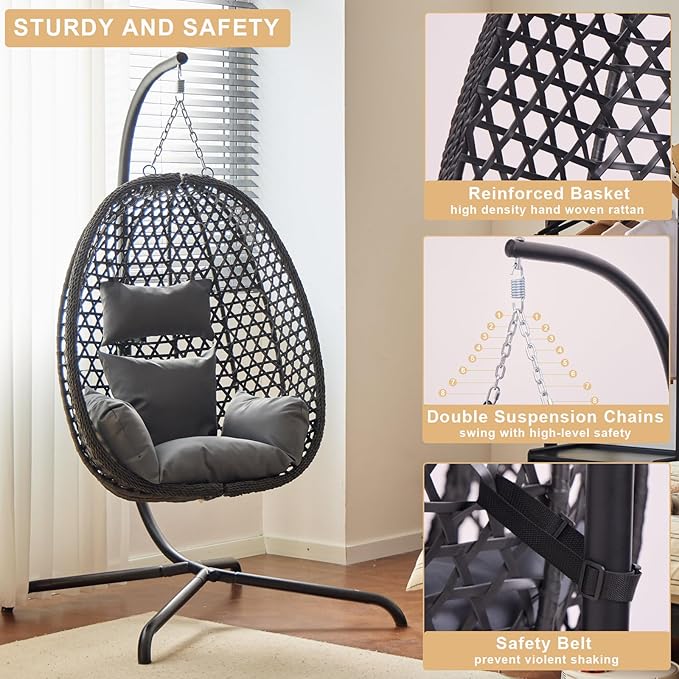 Indoor Hanging Chair with Stand for Bedroom Hexagon Rattan Wicker Swing Egg Chair for Bedroom Porch Garden Patio Outdoor Hammock Egg Swing Chair with Cushion350LBS Capacity(Dark Grey)