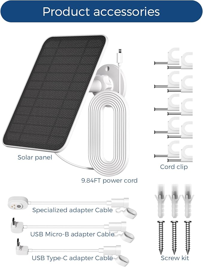 Solar Panel for Arlo Camera Arlo Solar Panel Charger with Built-in 2000mAh BatteryCompatible with Essential SeriesGo 2Pro 3/4/5S/6/6 XLUltra SeriesWireless FloodlightsEasy Install(2025 Release)