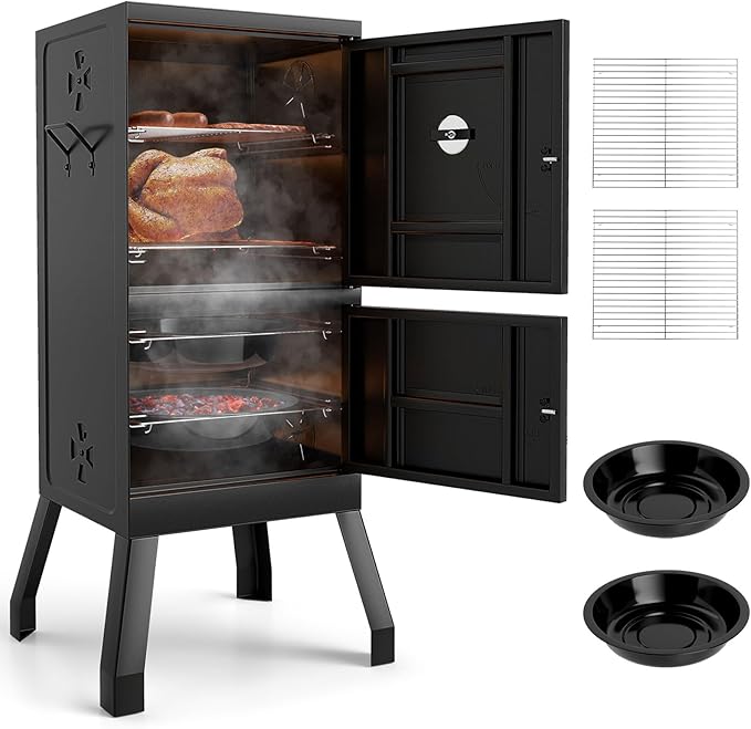 Charcoal Smoker Outdoor Vertical BBQ Smoker with Thermostat 2 Access Doors 2 Cooking Grates 2 Removable Pans &amp 4 Air Vents Meat Smokers Grill for Parties Barbecues and Backyard