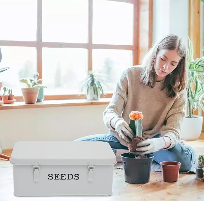 Seed Storage Organizer 4 Compartment Seed Storage Box with Safety Lock Metal Seed Box Seed Packet Container with 1 Pen 12 Slots 20 Plant Labels &amp 30 Seed Envelopes White Gardening Gift
