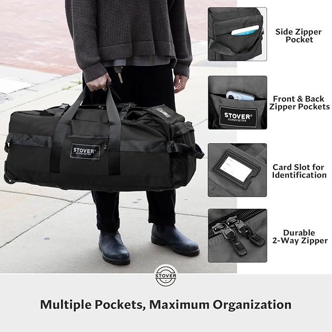 STOVER 45/80/100L Rolling Duffel Bag with Wheels X-Large Durable Travel Duffle + Toiletry Bag Heavy Duty Packable with Shoulder Straps- Use as Luggage or Backpack Men/Women (Black)