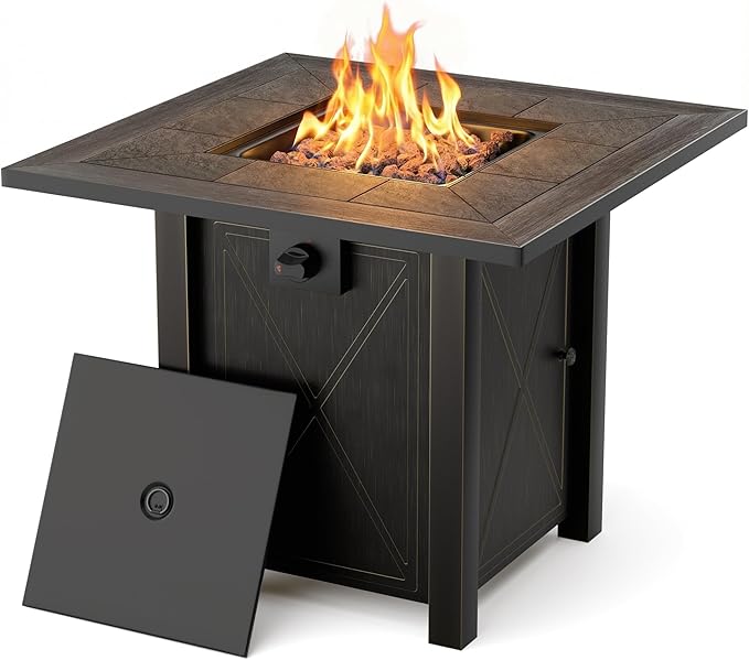 HOTEAGLE 30 Propane Fire Pit with Premium Ceramic Tabletop 50000 BTU Powerful Gas Firepit Table - Includes Lid and Lava Rocks Ideal Outdoor Fire Pit for Dining Party in Patio Garden Yard