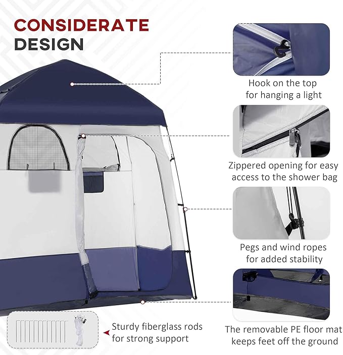 Camping Shower Tent - Instant Setup 2 Room Privacy Shelter w/20L Shower Bag 2000mm Waterproof Enclosure &amp Detachable Floor Portable Bathroom Tent for Beach/Camping/RV