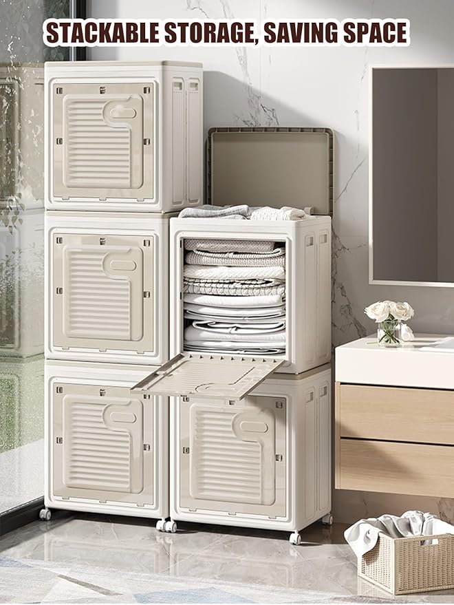 Folding Large Storage Box With Flip Lid And Wheels Home Closet Organiser Plastic Storage Bin Clothes Blanket Storage Cabinet 80/120L ﻿(58x39x68cm)