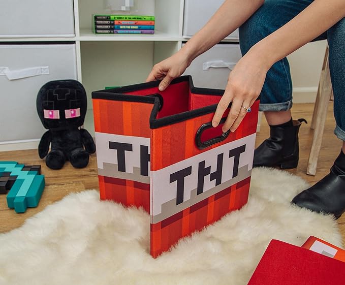 MINECRAFT TNT Block 13-Inch Storage Bin Chest With Lid | Foldable Fabric Basket Container Cube Organizer With Handles Cubby For Shelves Closet | Home Decor Essentials Video Game Gifts