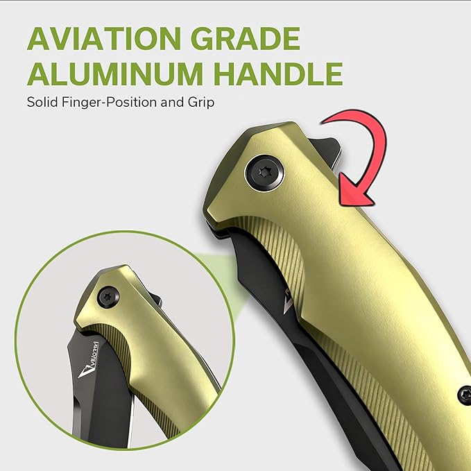 Ranger VR-09G Folding Knife - D2 Steel Blade HRC 60-65 Premium EDC Pocket Knife with Textured Olive Green Aluminum Handle Solid Liner Lock &amp Deep Carry Clip for Camping Fishing Hiking Work &a
