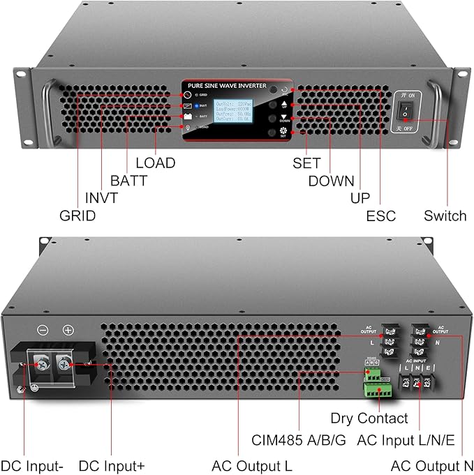 Xijia1000VA 800W(Peak 1600W) 19 Rack Mount Inverter 1000VA DC 48V to AC 120V 60HZ Solar Converter for Home Use car (DC48V (Range 40V-60V) 1000VA)