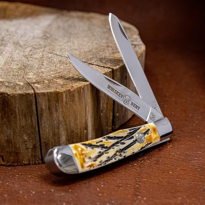WHISKEY BENT HAT CO. Traditional Trapper Folding Pocket Knife 4.125 Closed Length 440C Stainless Steel Blades (Carved Burnt Bone)