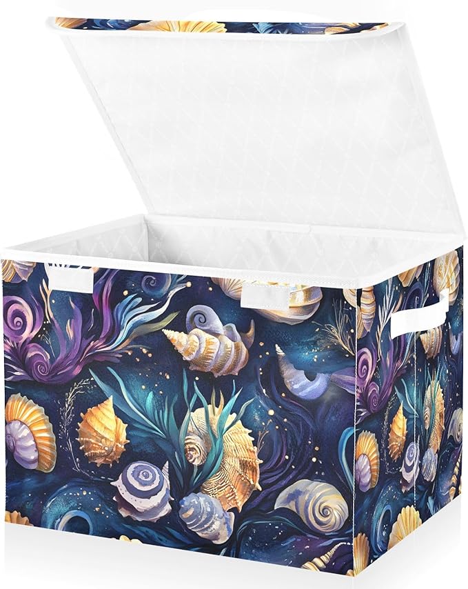 Fantastic Sea Shells Storage Cube Bins Basket with Lid Collapsible Flip-top Fabric with Handle for Home Bedroom Closet Office 16.5×12.6×11.8 in