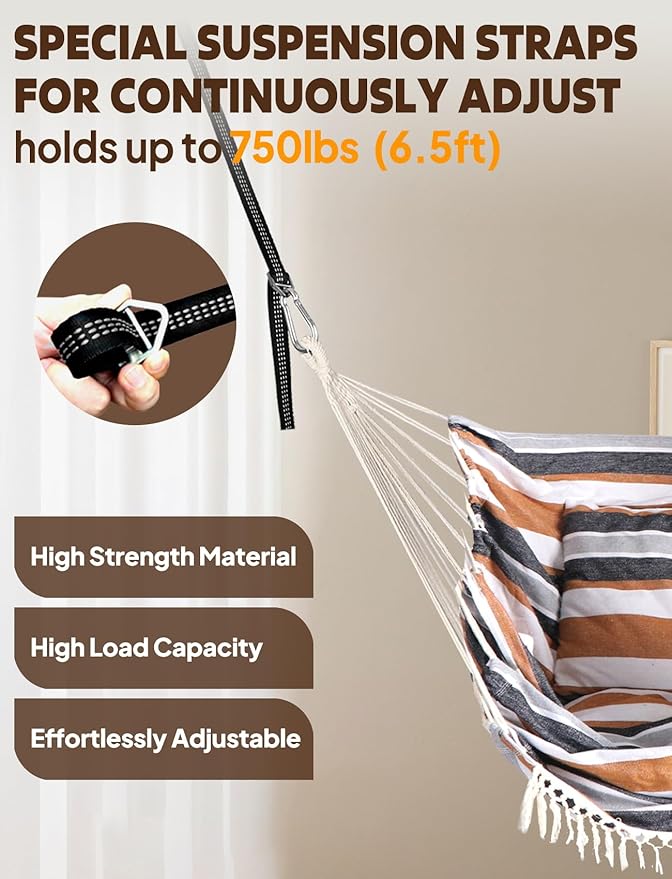 Chihee Hammock Chair Hanging Swing 2 Pillows IncludedStrong Webbing Straps and Hooks for Easy Hanging Soft Cotton Hanging Chair Side Pocket Tassel Chair Comfort Indoor Outdoor Brown Stripes