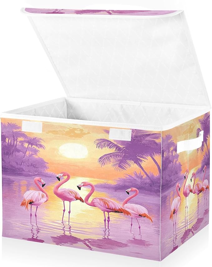 MNSRUU Containers Baskets with Lids Four Flamingos Fabric Foldable Storage Bins Organizer with Lid Collapsible Storage Boxes for Home Bedroom Closet Office