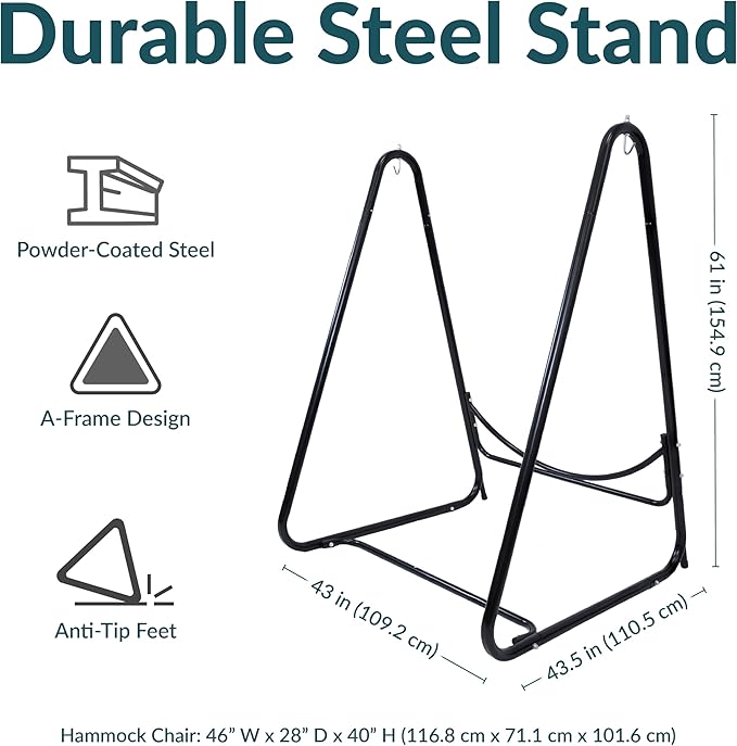 Sunnydaze Patio Hammock Chair with Stand - Hanging Hammock Swing Chair with Stand for Outside - Heavy-Duty Steel - A-Frame - Black