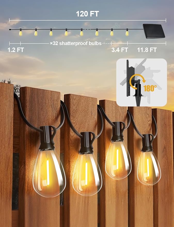 Tenmiro 120FT Solar Outdoor String Lights with Remote and 32+2 LED Shatterproof Bulbs Dimmable &amp Timing 3 Light Modes Solar Patio String Lights for Cafe Garden Deck Outside Wedding Last for 10+