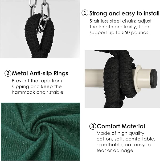 Y- STOP Hammock Chair Hanging Rope Swing Max 500 Lbs 2 Cushions Included Large Macrame Hanging Chair with Pocket for Superior Comfort with Hardware Kit Green
