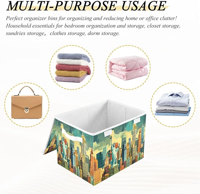 New York City Storage Cube Bins Basket with Lid Collapsible Flip-top Fabric with Handle for Home Bedroom Closet Office 16.5×12.6×11.8 in