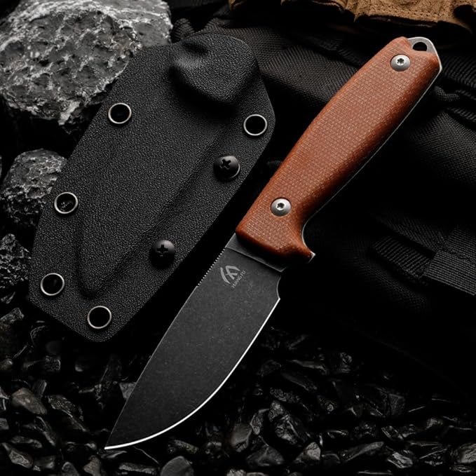 HUANG FU Fixed Blade Knife 7.08 Inches Total Length Double Edge High-Carbon Steel Tactical Survival Knife with K-Sheath (Brown stem)