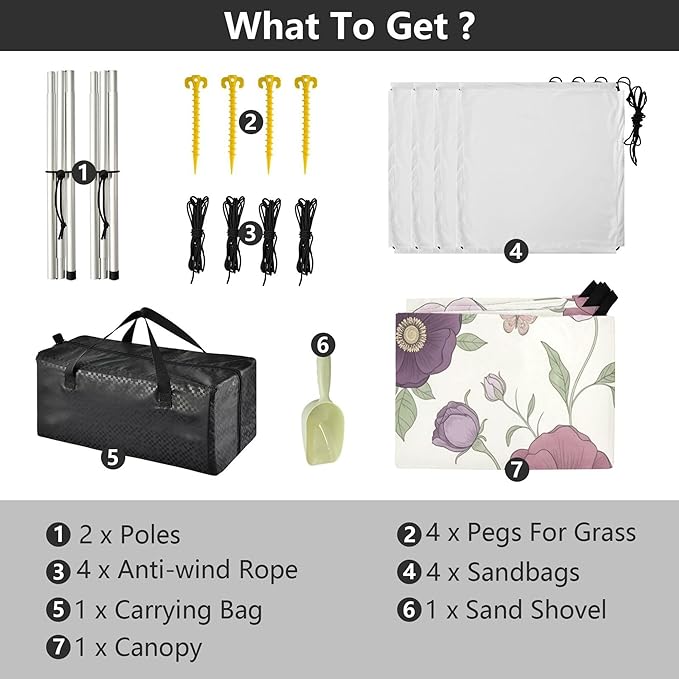 Wildflowers Beach Canopy Sun Shelter with Sandbags &amp Sand Shovel &amp Windproof Ropes - Portable 110x126 Beach Shade Beach Tent for Camping Picnics