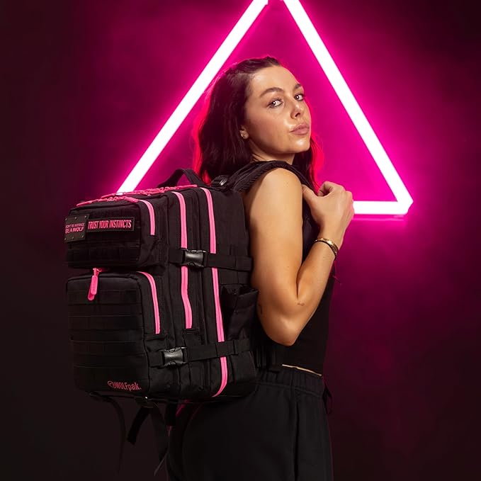 WOLFpak 25L Athletic Gym Backpack (Black Neon Pink) Durable 1000D Waterproof Oxford Material with MOLLE Webbing Laptop Pocket &amp Dual Cup Holders