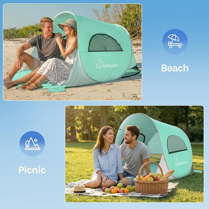 Wolfwise Pop up Beach Tent Sun Shelter with UPF50+ UV Protection Instant Easy Setup Popup Beach Shade Canopy for 2 Person Portable &amp Foldable with Carring Bag 79 ×49×38 in Mint Green