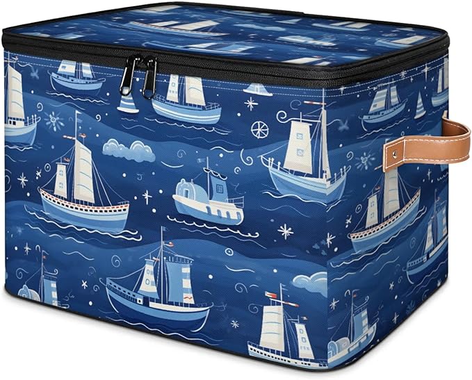 Storage Bins with Lids Cartoon Ship Storage Basket Clothes Organizer with Handles Closet Storage Containers for Clothing Bedding Blanket