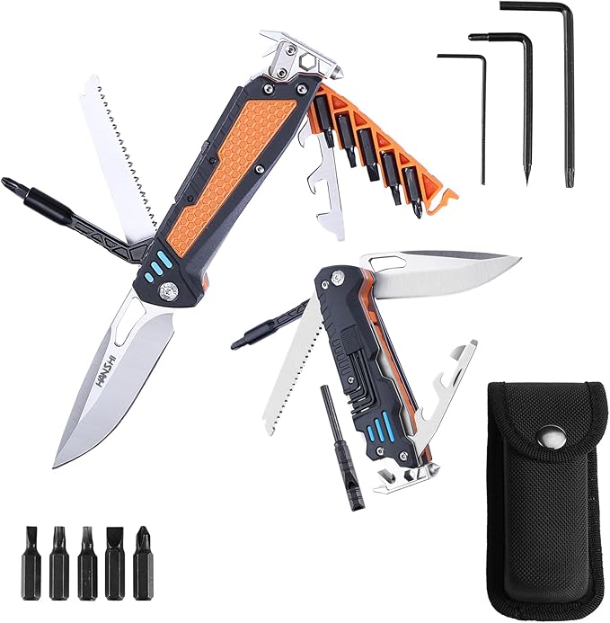 HANSHI 13 in 1 Multitool Knife with Nylon Sheath for CampingHikingSurvivalOutdoor Multi Tool Pocket Knife with Window BreakerBirthday Christmas Valentine's Day Gift for Dad Mens Boyfriend(Black)