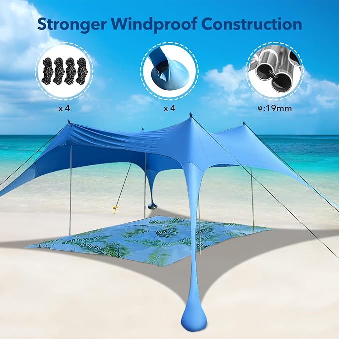 Beach Canopy Tent with UPF50+ Protection Sun shelter Umbrella Portable Camping Tents 12X12FT Include Beach Blanket Phone Case with Sandbags Poles Anti-Wind Ropes for Beach Camping Backyard Picnics