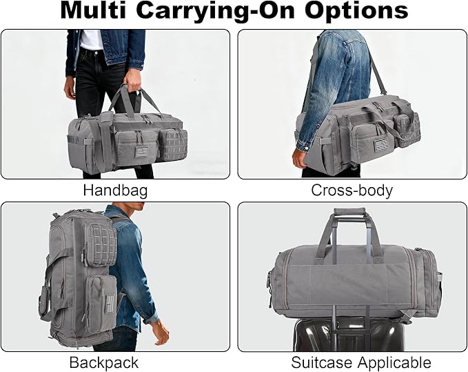 LHI 50L Tactical Duffle Bag for Men 3-in-1 Gym Duffle and Backpack Shoe Compartment Laptop Sleeve and MOLLE Carry-On Travel Weekender and Overnight Bag – Gray