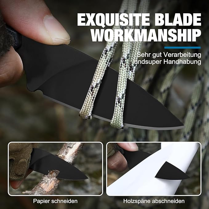 Omesio EDC Fixed Blade Knife 5.82 Neck Knife with Sheath and Necklace D2 Steel 2.99-Inch Blade Small Full Tang Knife with Clip G10 Handle for Fishing Hiking Camping (Black Blade + Black Handle)