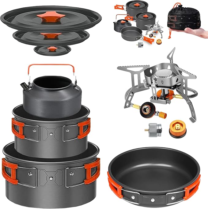 Smokey Camp Camping Cookware Mess Kit Set with Stove - Backpacking Camping Pots and Pans Set All in One Non-Stick Camping Cooking Set Portable Stove Hiking Picnic Outdoor &amp Camping Cookware S