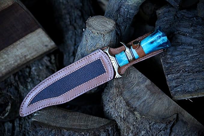 Hand Made Damascus Steel Collectible Bowie Knife Handle Camel Bone (Blue)