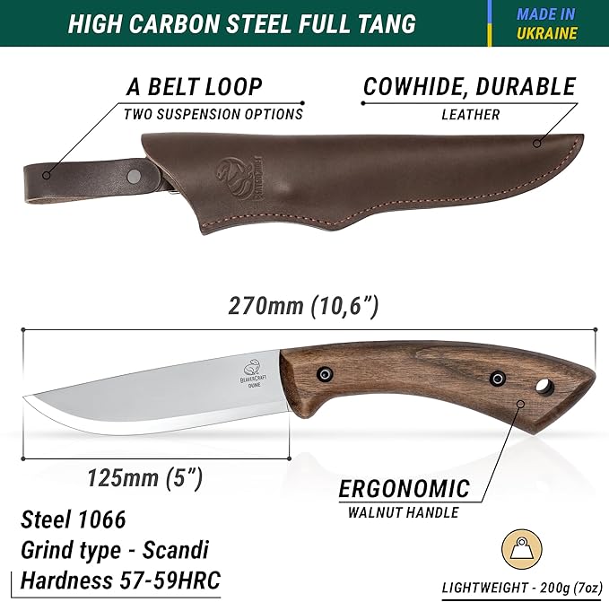 BeaverCraft BSH4F Bushcraft Knife BSH1 Dune Bushcraft Knife Fixed Blade with Leather Sheath