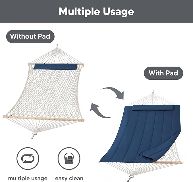 SUNCREAT Hammocks Outdoor Double Hammock with Hardwood Spreader Bar Heavy Duty Cotton Rope Hammock with Polyester Pad Dark Blue