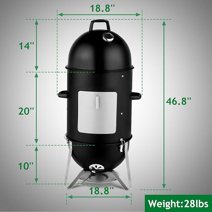LEADZM 4-Tier 3-in-1 Vertical Charcoal Grill BBQ Charcoal Smoker with Built-in Thermometer Air Vent and Access Doors Perfect for Camping Picnics Backyard BBQs and Tailgating Parties