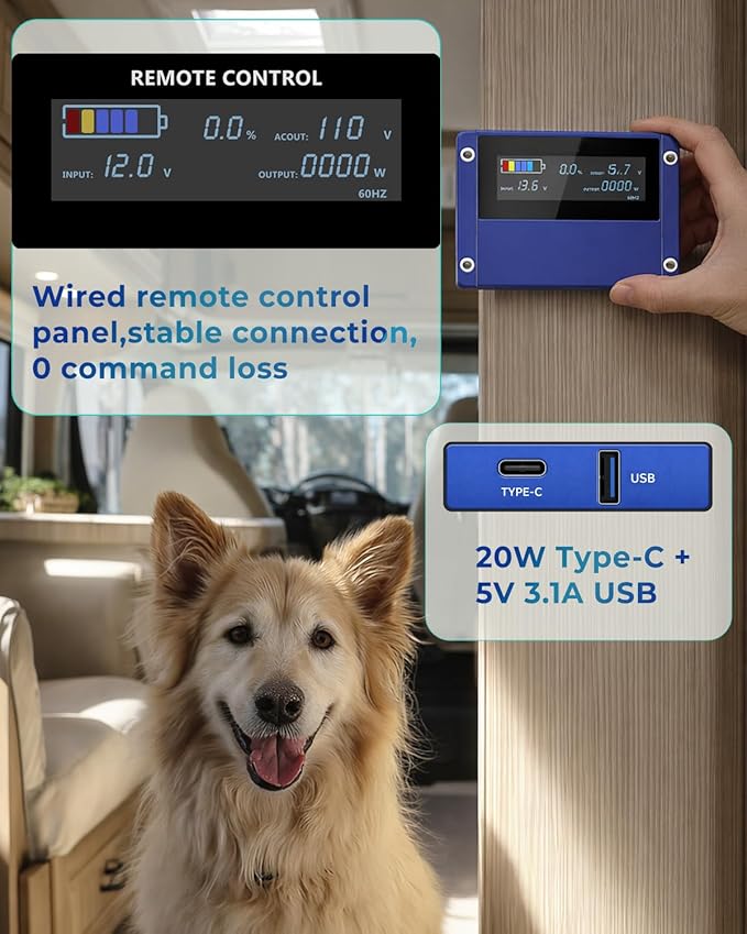 3000 Watt Pure Sine Wave Inverter DC 12V to 120V AC Power Inverter for Vehicle RV Truck Off-Grid Car Power Inverter with 4 AC Outlet 20W USB-C 5V/3.1A USB Remote &amp Panel Control Surge 600