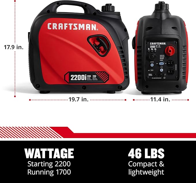 Craftsman C0010020 2200-Watt Gas Portable Generator - Quiet &amp Powerful - Clean Power for Sensitive Electronics - Compact &amp Lightweight Design - Powered by Generac - 50-State/CARB Compliant