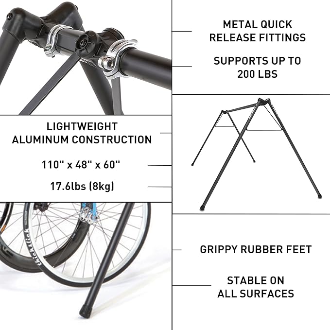 Feedback Sports | A-Frame Portable Bike Storage Rack with Travel Bag | Lightweight Collapsible Aluminum | Bicycle Hanger up to 8 Bikes | for Events | Black