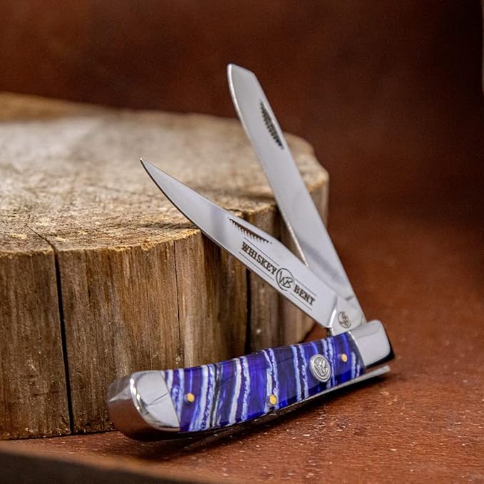 WHISKEY BENT HAT CO. Traditional Trapper Folding Pocket Knife 4.125 Closed Length 440C Stainless Steel Blades (Blue Mammoth)