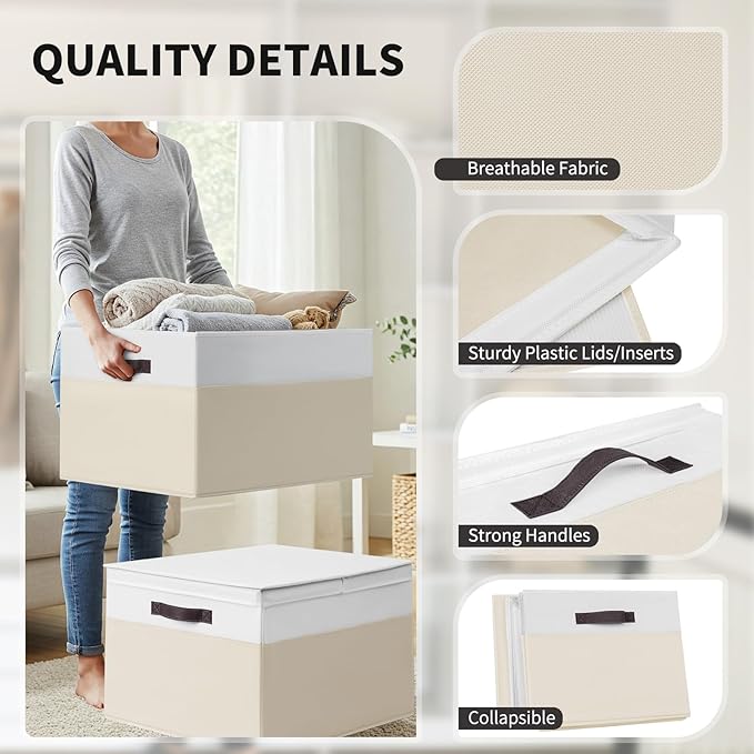 2 Pack EXTRA LARGE Blanket Storage Baskets with Lids 22”x16”x12” Closet Organizers Bins for Clothes Towel/ Toy Storage Box with Lid Handles/ Stackable Decorative Fabric Bins for Living Room Nursery