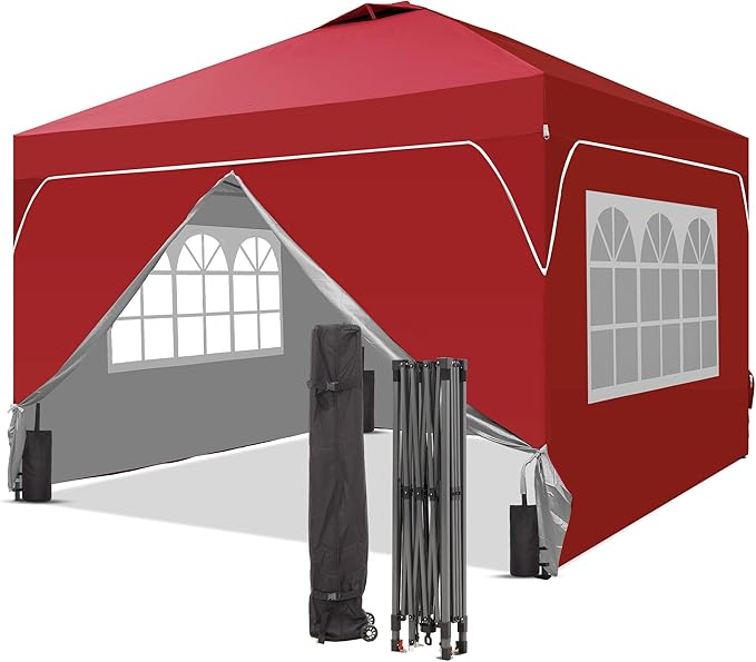 GDY 12x12FT Pop Up Canopy Tent with One Push Setup Easy to Install with 4-Sidewalls for Events Parties Camping Outdoor Gazebo with 4-Sandbags and Wheel BagRed.