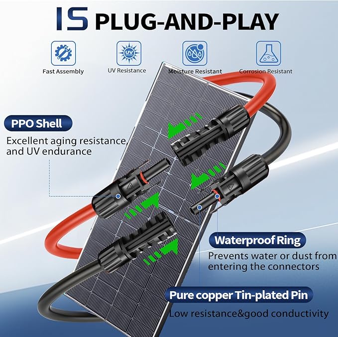 2x30 FT Solar Panel Extension Cable 10AWG Solar Cable Solar Panel Wire with Female &amp Male Waterproof Connectors for RV Photovoltaic Systems