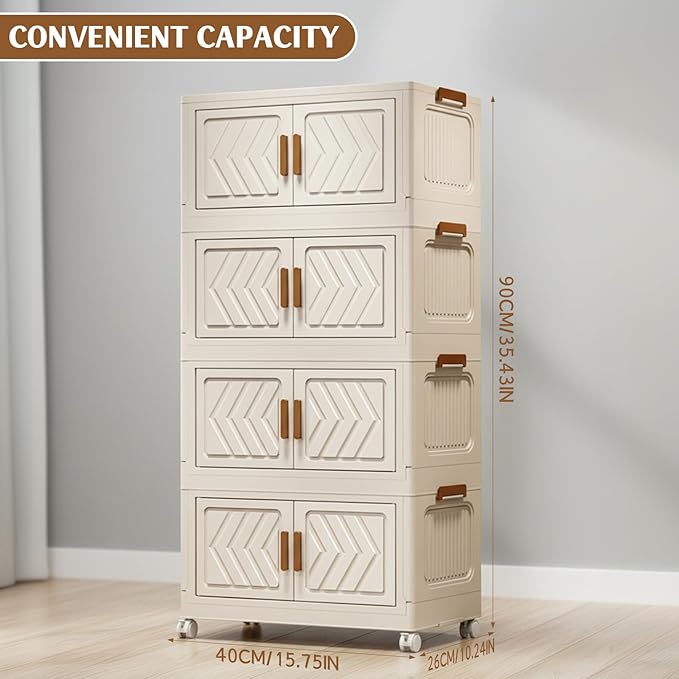 ETOYA 4-Tier Stackable Storage Bins with Lids 23QT Stackable Closet Organizers and Storage with Wheels and Magnetic Doors Foldable Plastic Storage Containers for Seasonal Clothes Toys Tools