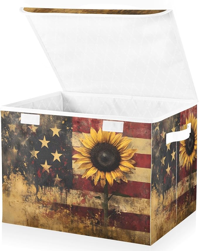 Storage Cube with Lid Sunflower American Print 16.5×12.6×11.8 IN Collapsible Large Capacity Foldable Storage Basket Bin Organizer