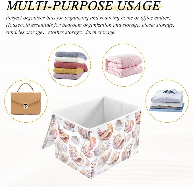 AIXIWAWA Lidded Storage Cube (Pattern Sea Shells) Fabric Foldable Closet Bins with Flip Lid and Handles Organizer Basket Container 16.5 x 12.6 x 11.8 IN