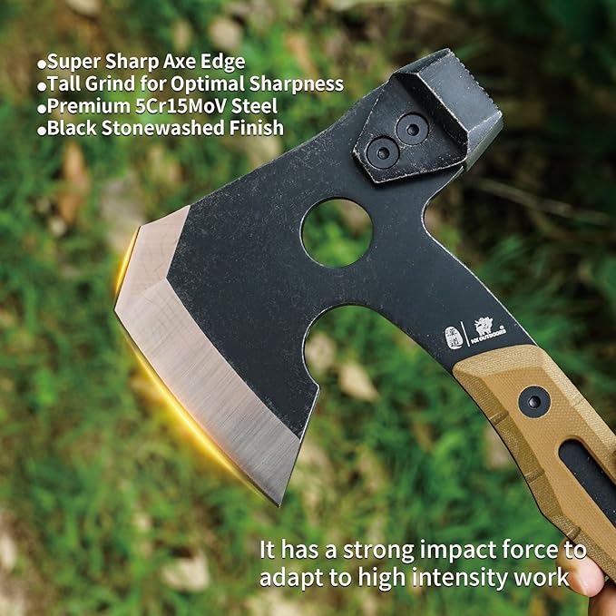 HX OUTDOORS Multifunctional Splitting Axe Full Tang Survival Camping Tactical Wood HatchetCamp Bushcraft Hand Axes with Hammer and Nail Puller (Brown)
