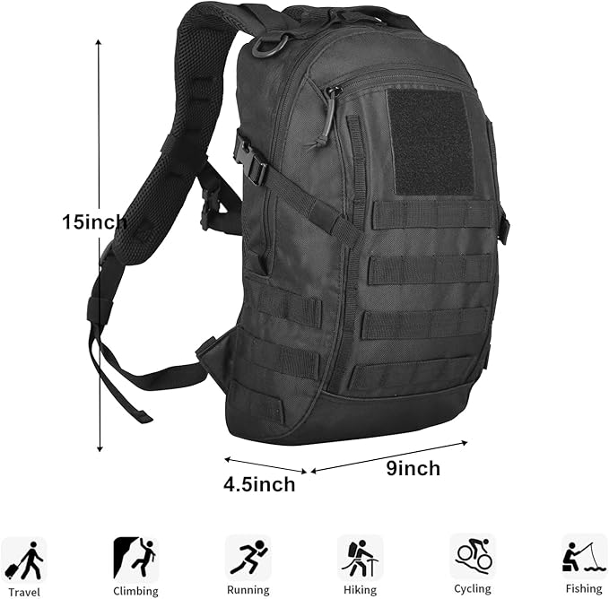 Small Tactical Backpack 12L Molle Bag Rucksack Army Daypack Military Daypack for OutdoorHiking (Black)