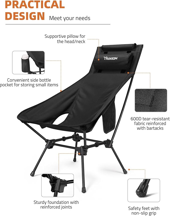 Trakiom High Back Folding Camping Chair Widened Seat &amp Lightweight Black Portable Chair with Stable Design Adjustable Head Support for Beach Camping Festival Hiking and Outdoor Travel