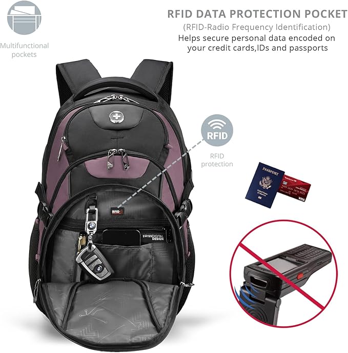 Swissdigital Design Laptop Backpack with USB Charging Port Travel Backpack Fits 15.6 inches Computer 31L College School Backpack for Women Light Purple/Black | SD803-85